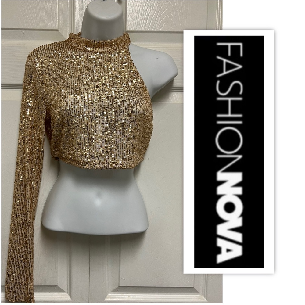 Fashion Nova Gold Sequined Asymmetrical Cropped Top